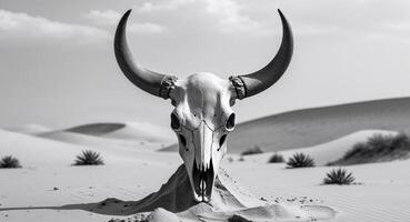 A bull skull in the desert with a large horn photo