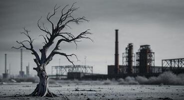 A dead tree in front of an old factory photo
