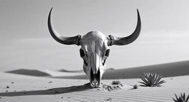 A bull skull in the desert with a cactus in the background photo
