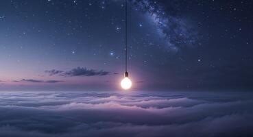 A light bulb hanging from a string above the clouds photo