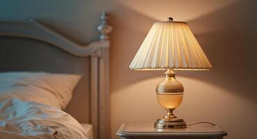 A lamp is on a nightstand next to a bed photo