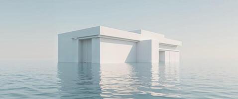 A white building is floating on the water photo