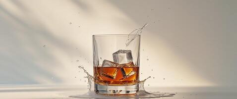 Glass of splashing whiskey or other drink with ice photo