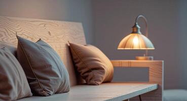 A serene virtual background of a tranquil study area with light wood furniture cozy cushions and a soft glow from a nearby lamp photo