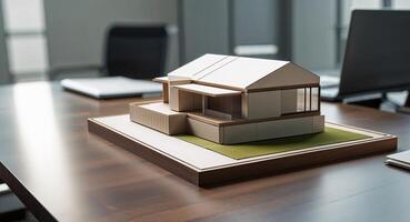 Model of a house on a table representing project management and teamwork concepts in an office setting photo