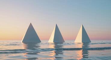 Three Triangular Structures Reflecting in Calm Ocean Water at Sunrise photo