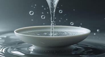 Water pouring into a ceramic bowl with bubbles and dark background. photo
