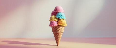 A colorful ice cream cone with several different colored ice cream photo