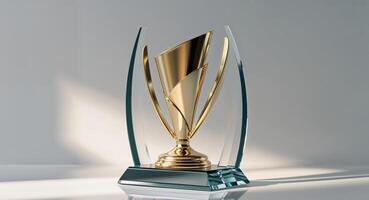 A golden trophy on a table with a light shining on it photo