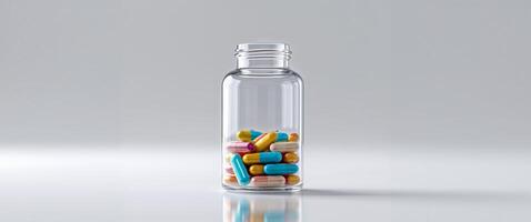 A bottle filled with pills on a table photo