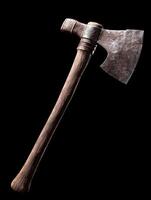 A rustic battle axe with intricate carvings and a wooden handle photo