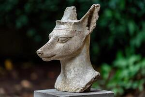 Ancient Egyptian Anubis statue in a garden setting photo