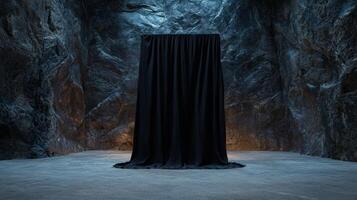 Mysterious black curtain in a dark cave setting photo