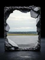 A concrete frame with a view of a landscape photo