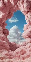 Pink clouds frame a view of white clouds and blue sky photo