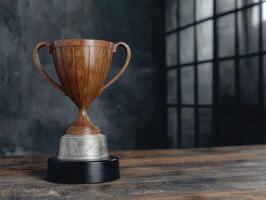 A bronze trophy sits on a wooden table in front of a window photo