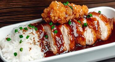 Delicious chicken teriyaki with rice and green onions photo