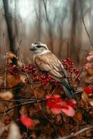 A woodchat shrike perched on a branch with red berries in a forest photo