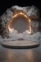 Stone podium with clouds and glowing archway for product display photo