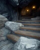 Stone steps leading into a dark cave illuminated by lanterns photo