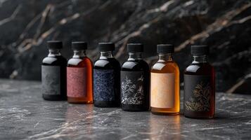 A row of assorted flavor extract bottles on a marble surface photo