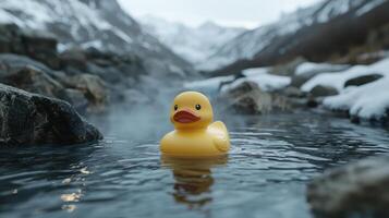 A yellow rubber duck floats in a mountain stream photo