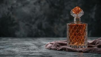 Elegant crystal perfume bottle with floral stopper on a textured surface photo