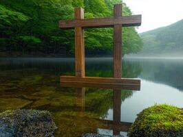 Wooden frame structure in a tranquil lake surrounded by lush green forest photo