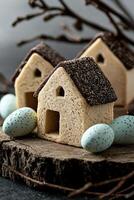 Three cookie houses with chocolate roofs and speckled eggs on a wooden surface photo