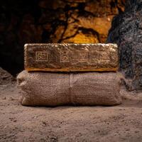 A gold bar sits on a burlap sack in a cave photo