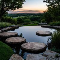 Scenic pond with stepping stones at sunset photo