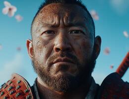 Determined samurai warrior with a katana and armor stands ready for battle photo