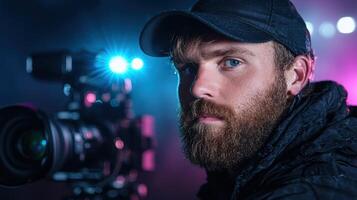 Filmmaker with camera and lights on set photo
