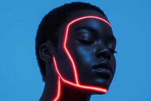 Woman with glowing red lines on face in futuristic style photo