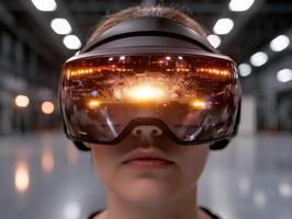 Person wearing a virtual reality headset with a digital display photo