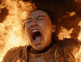 A woman in armor screams in agony amidst flames, a powerful image of suffering and resilience photo