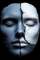 Conceptual image of a womans face with cracked paint, split in two photo