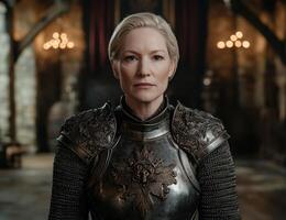 Woman in shining armor stands tall in a medieval setting photo