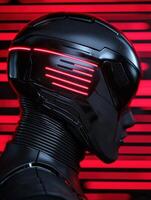 Futuristic warrior with glowing red visor in a dark setting photo