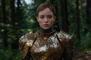 A woman in golden armor stands in a forest photo