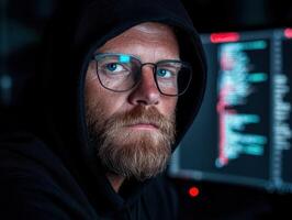 Hacker in the dark with code on a screen photo