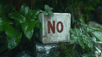 A block with the word NO, surrounded by lush green foliage photo