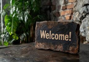 A welcome sign on a stone slab in a rustic setting photo