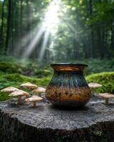 A decorative vase sits on a tree stump surrounded by mushrooms in a forest photo