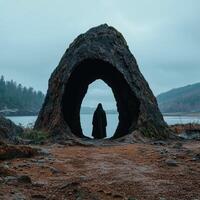Mysterious figure in a dark robe standing in a natural rock archway by a lake photo