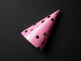 Pink party hat with gold and black polka dots on a dark background photo