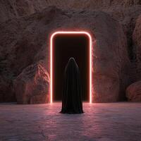 Mysterious figure in black cloak standing before a glowing portal in a cavernous landscape photo