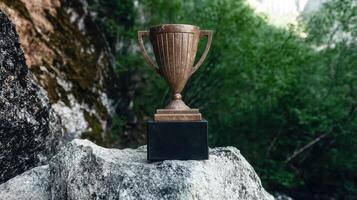 A trophy sits on a rock in a natural setting, symbolizing achievement and success photo