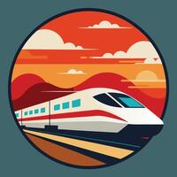 A modern high speed train moves swiftly along the tracks in a vibrant landscape. vector
