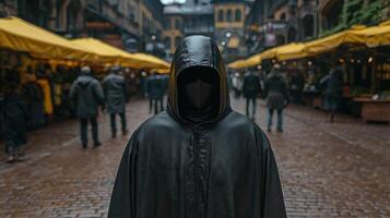 Mysterious figure in a hooded cloak standing in a busy marketplace photo